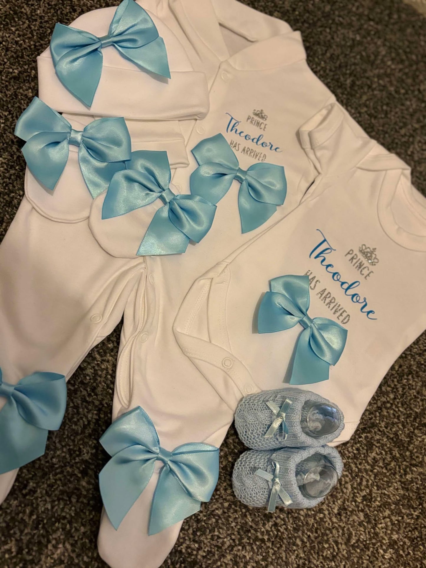 Personalised New Baby Coming Home Outfit With Blue Bows image 4