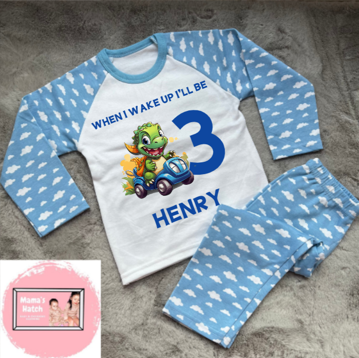 Dinosaur Car When I Wake Up I Will Be Blue Birthday Pyjamas image 0