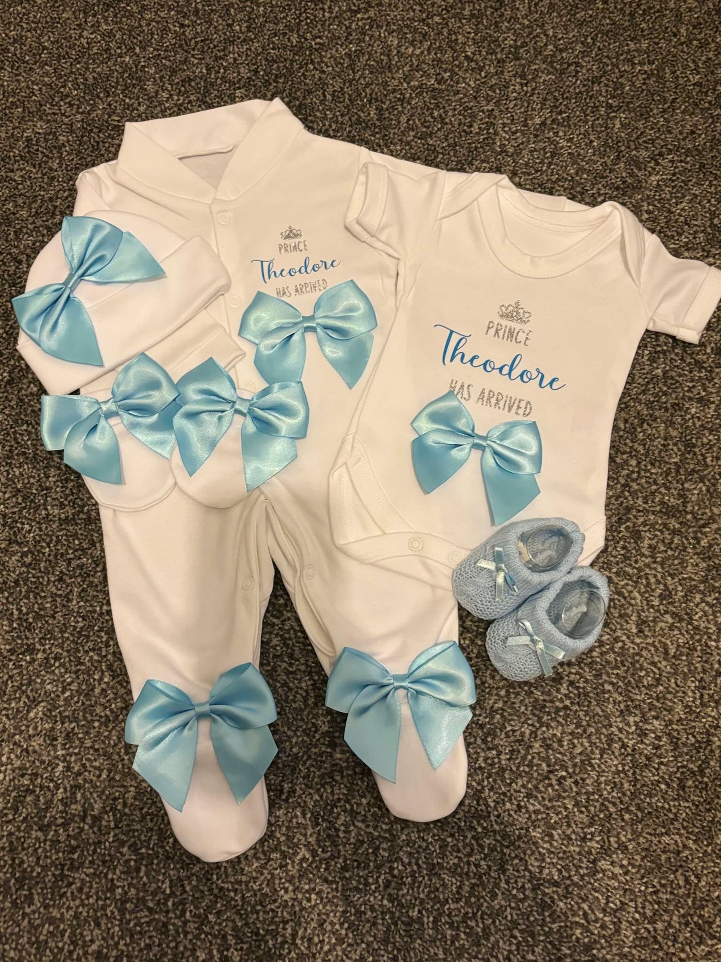 Personalised New Baby Coming Home Outfit With Blue Bows image 0