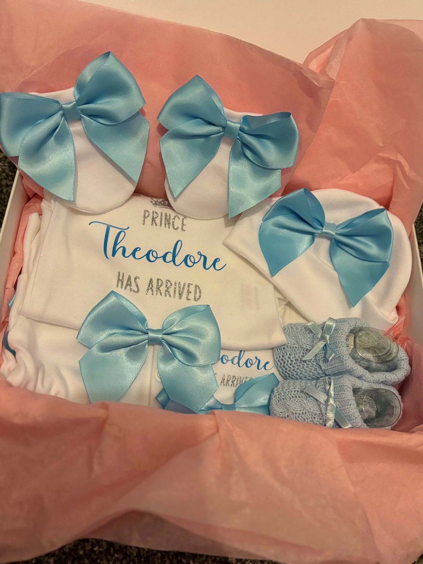 Personalised New Baby Coming Home Outfit With Blue Bows image 1