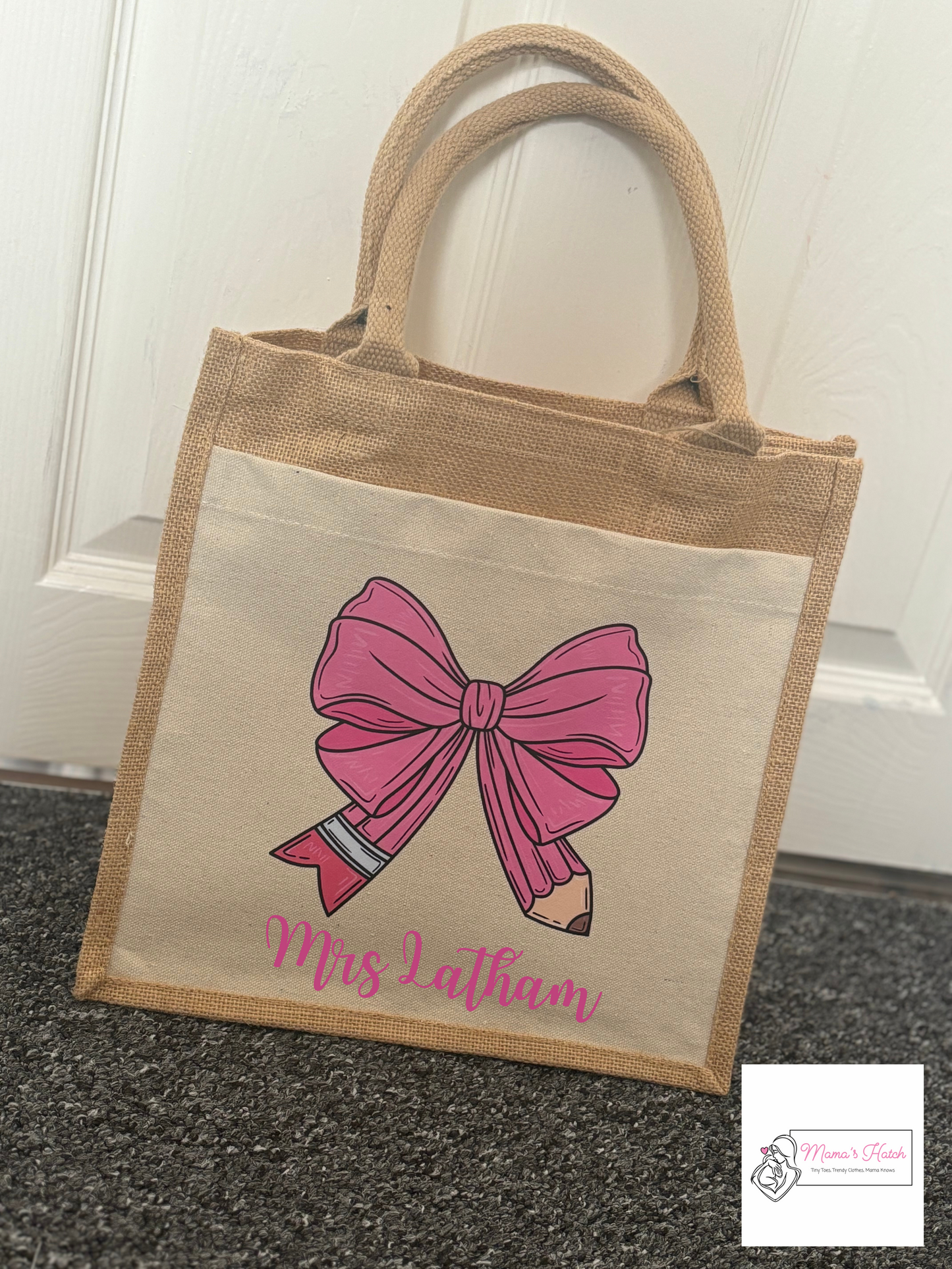 Teacher Jute Bag Gift - Pink Bow Pencil