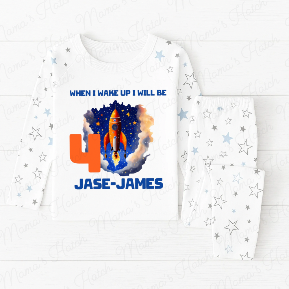 Space Rocket When I Wake Up Blue Birthday Pyjamas