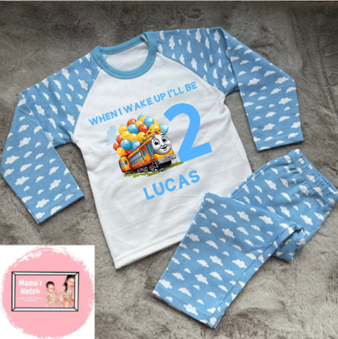 Balloon Train When I Wake Up I Will Be Blue Birthday Pyjamas image 0
