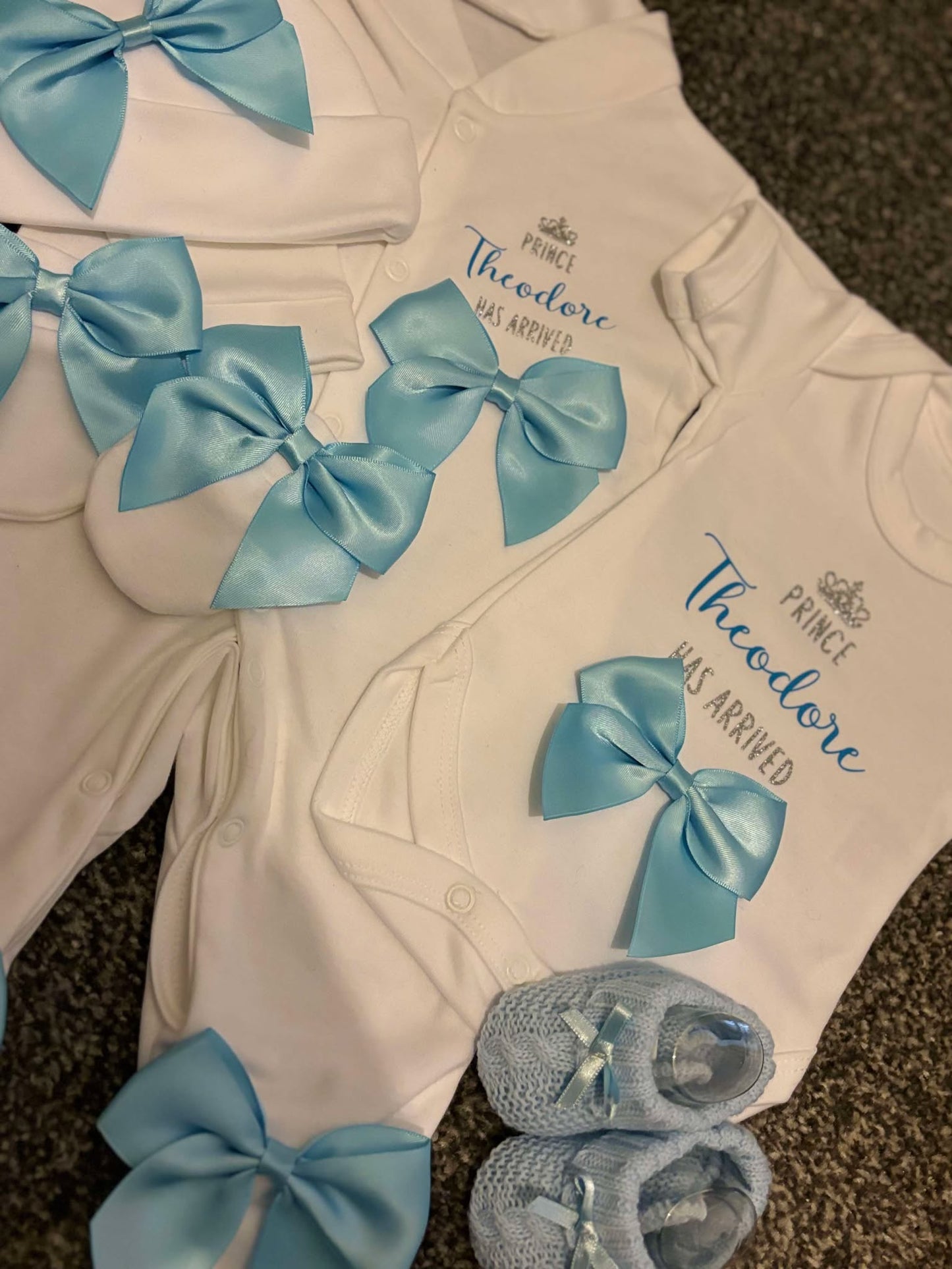 Personalised New Baby Coming Home Outfit With Blue Bows image 3