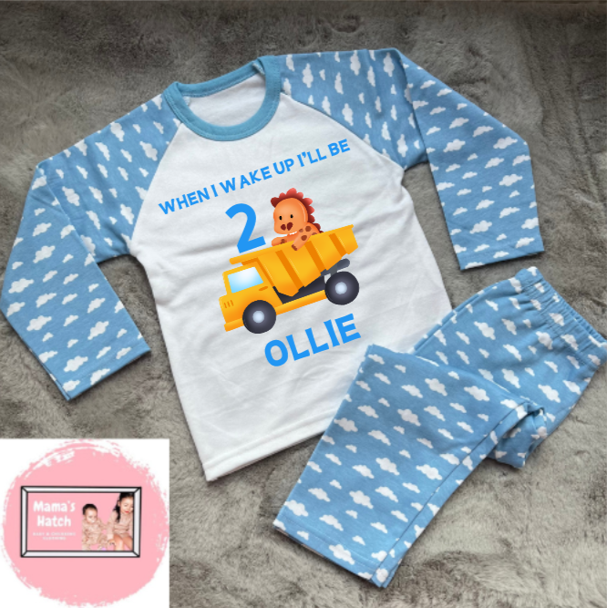Dinosaur Digger When I Wake Up I Will Be Blue Birthday Pyjamas image 0
