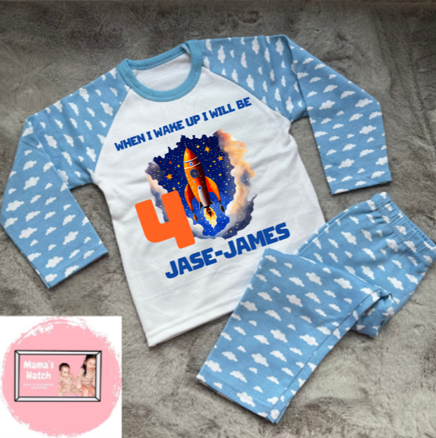 Space Rocket When I Wake Up Blue Birthday Pyjamas image 0