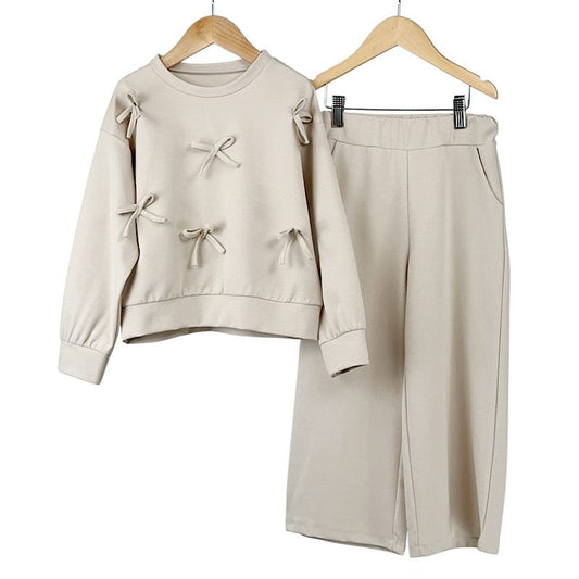 BELLA girls bow long sleeve crew neck top and wide trousers set beige image 0