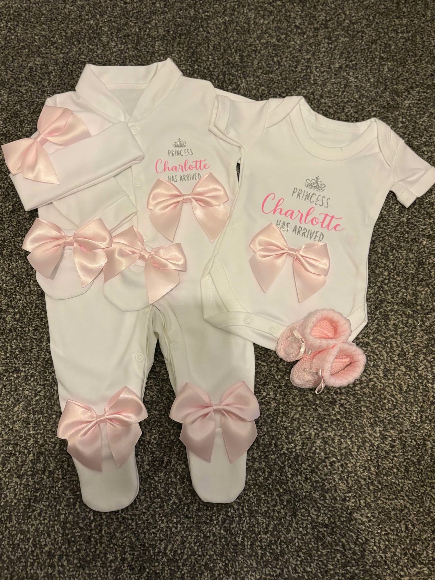 Personalised New Baby Coming Home Outfit With Pink Bows image 0