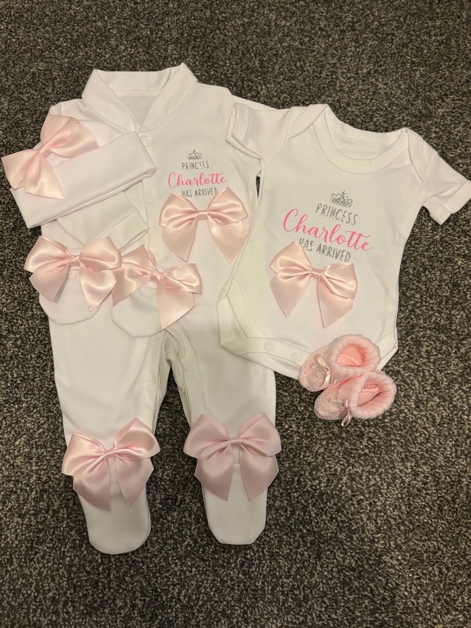Personalised New Baby Coming Home Outfit With Pink Bows image 0