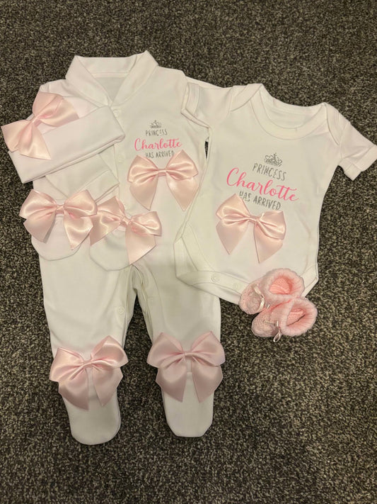 Personalised New Baby Coming Home Outfit With Pink Bows image 0