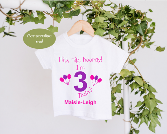 Hip, hip, hooray! I'm 3 today Pink Birthday T-Shirt image 0