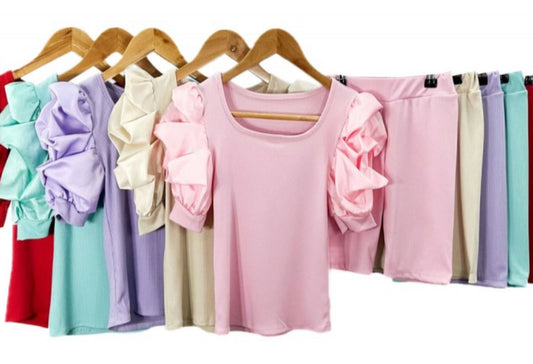 JESSIE ruffle sleeve ribbed top and cycling shorts set image 0