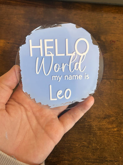 Hello World Personalised Baby Announcement Disc