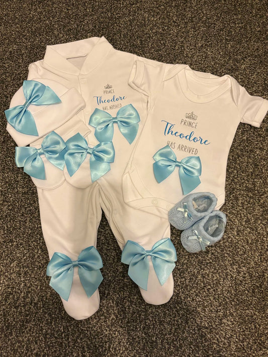 Personalised New Baby Coming Home Outfit With Blue Bows image 0