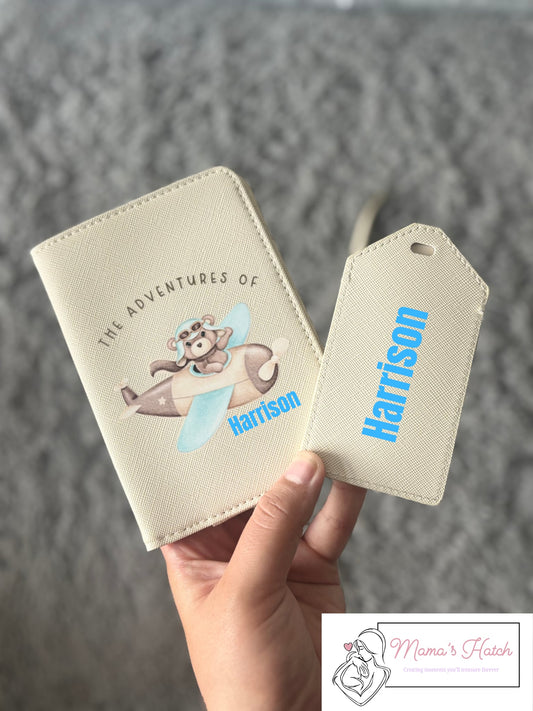 Teddy Plane Passport Cover & Luggage Tag - Blue