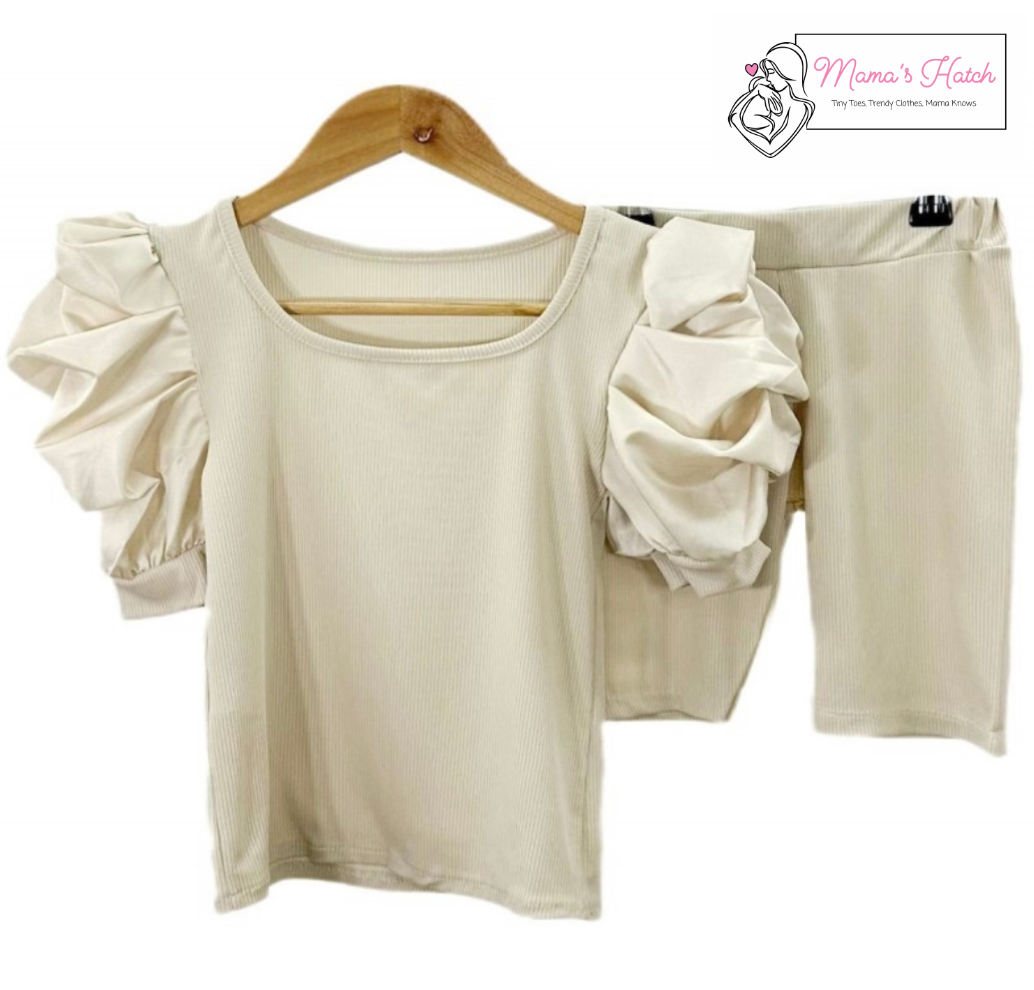 JESSIE ruffle sleeve ribbed top and cycling shorts set image 2