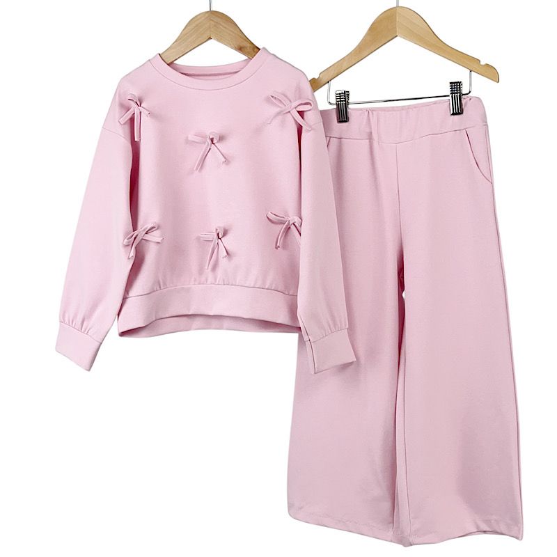 BELLA girls bow long sleeve crew neck top and wide trousers set baby pink image 0