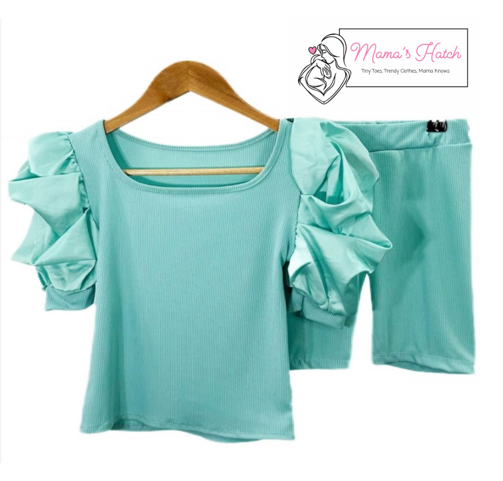 JESSIE ruffle sleeve ribbed top and cycling shorts set image 3