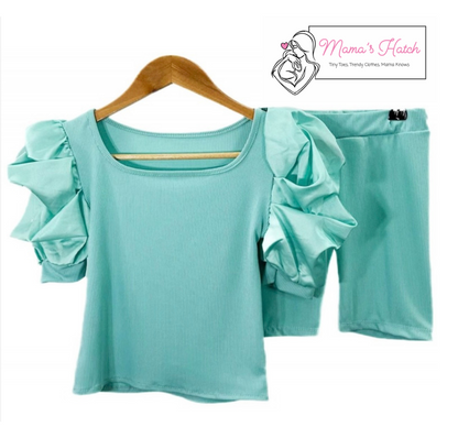 JESSIE ruffle sleeve ribbed top and cycling shorts set image 3