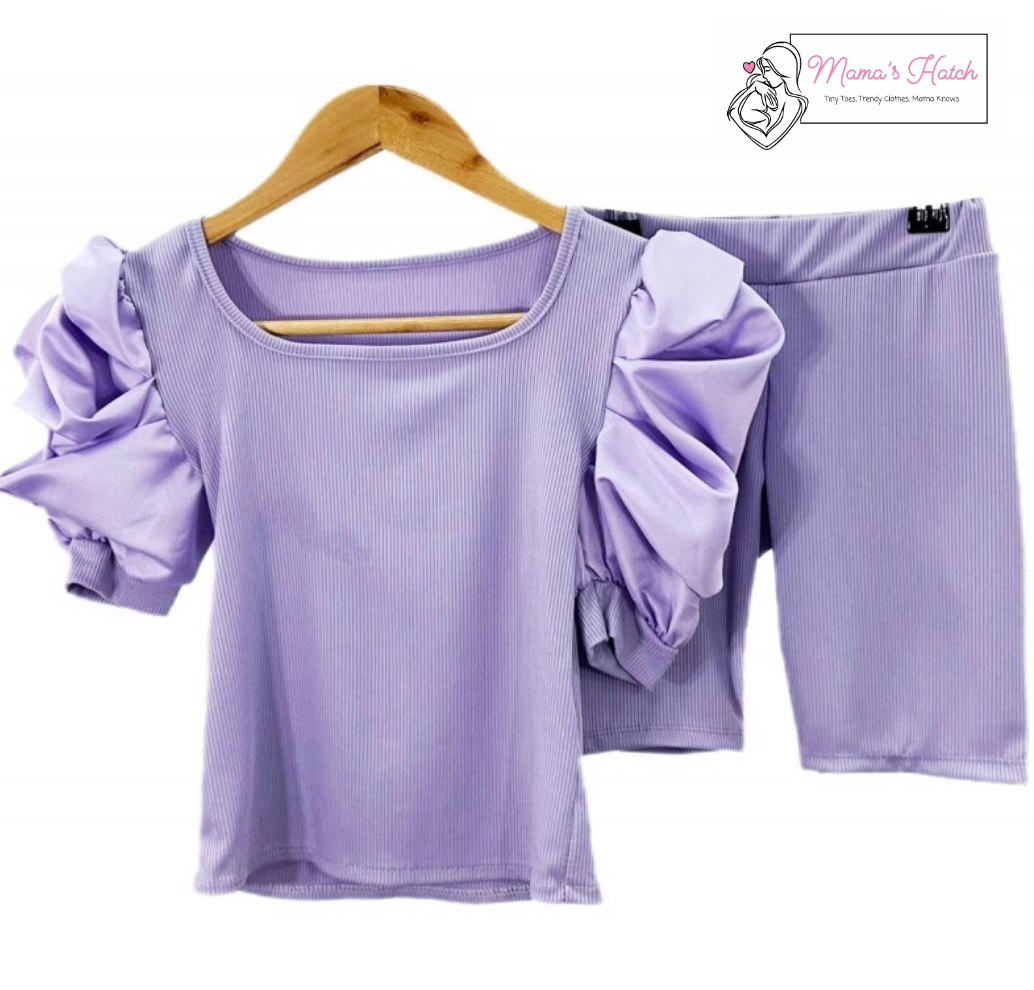 JESSIE ruffle sleeve ribbed top and cycling shorts set image 1