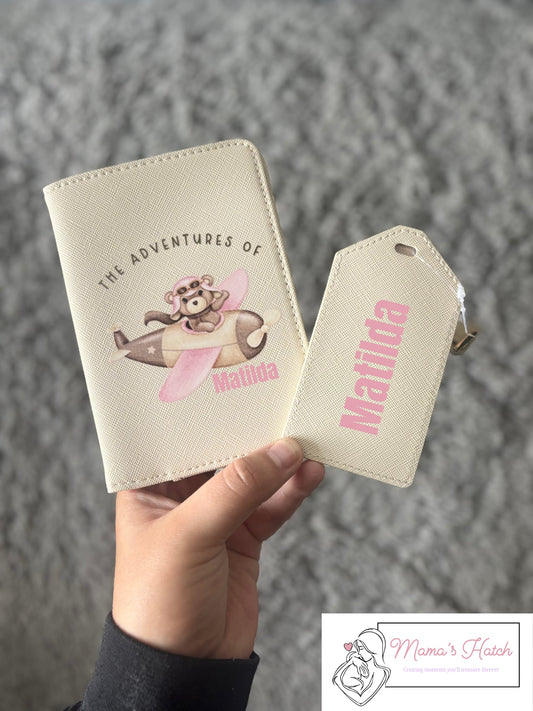 Teddy Plane Passport Cover & Luggage Tag - Pink
