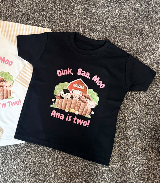 Personalised Farm Animal Birthday T-Shirt – “Oink, Baa, Moo” Design
