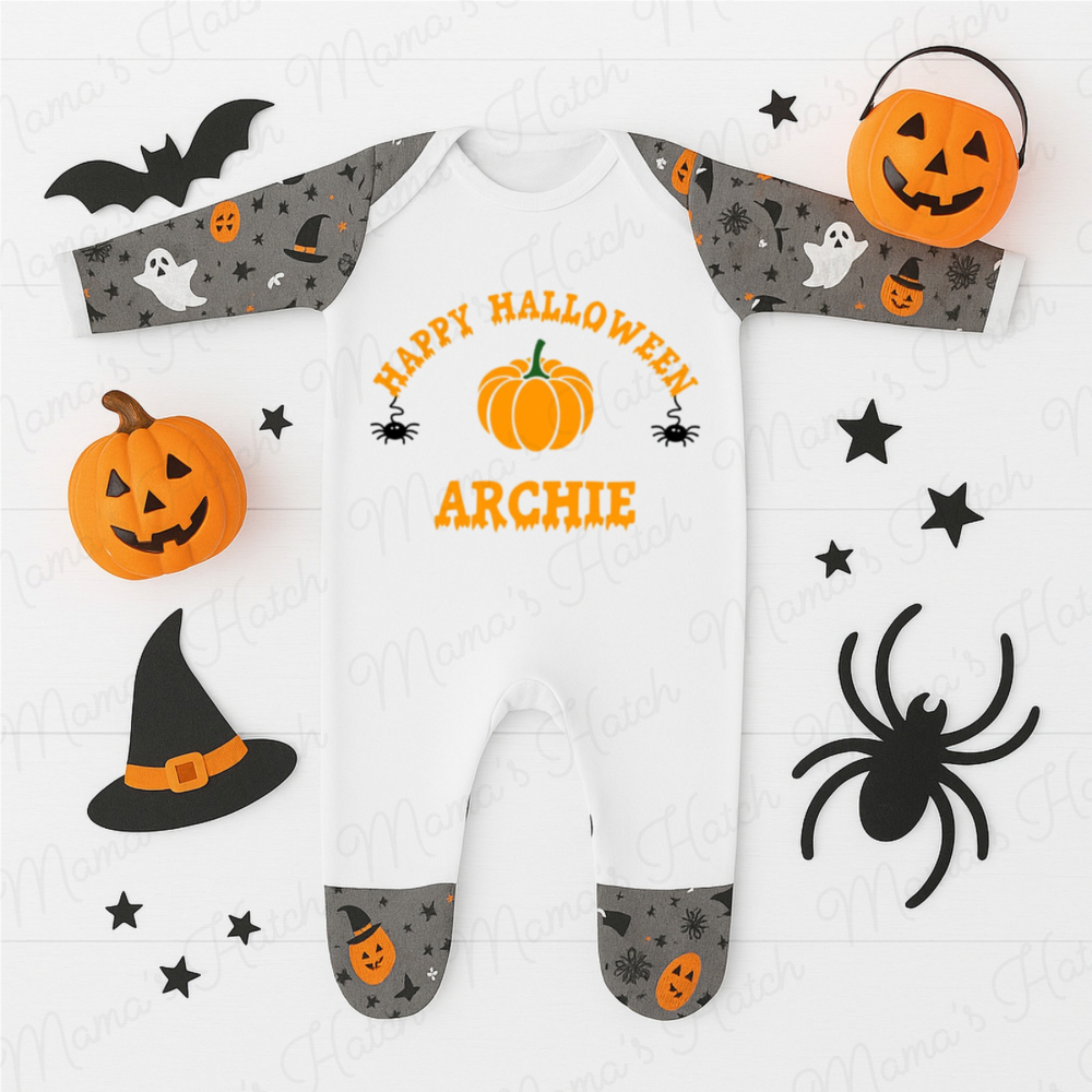 Personalised Happy Halloween Pumpkin Spider Romper