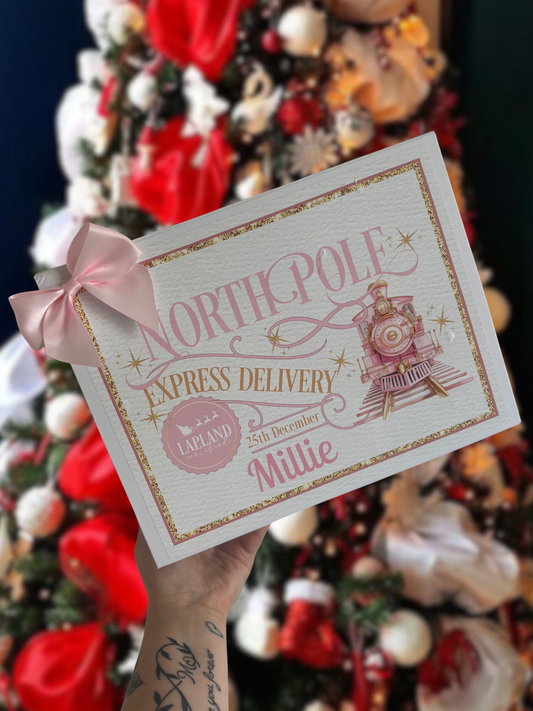 Personalised Pink North Pole Express Christmas Eve Magnetic Box