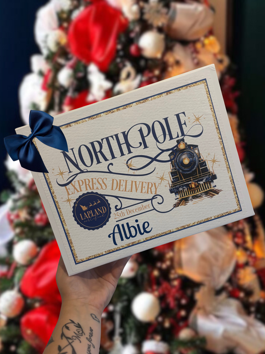 Personalised Navy North Pole Express Christmas Eve Magnetic Box