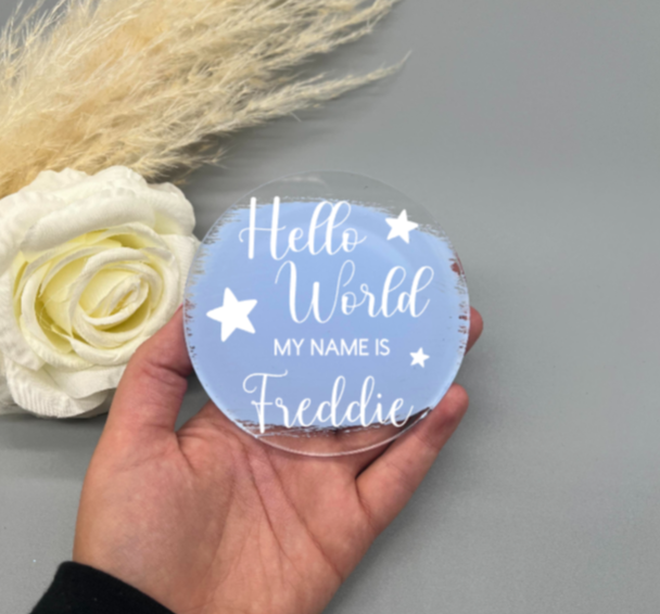 Hello World Personalised Star Baby Name Announcement Disc