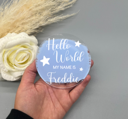 Hello World Personalised Star Baby Name Announcement Disc
