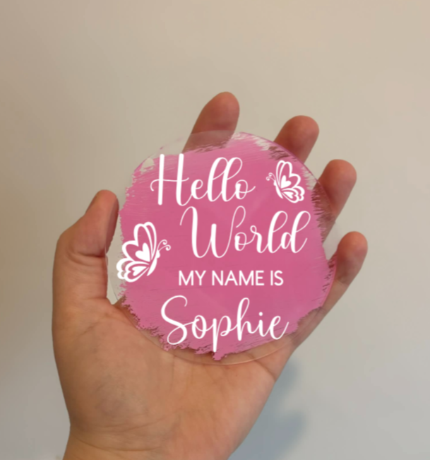 Hello World Personalised Butterfly Baby Name Announcement Disc