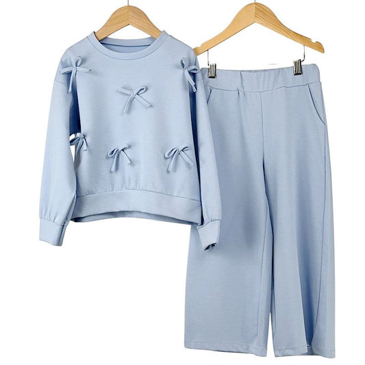 BELLA girls bow long sleeve crew neck top and wide trousers set baby blue image 0